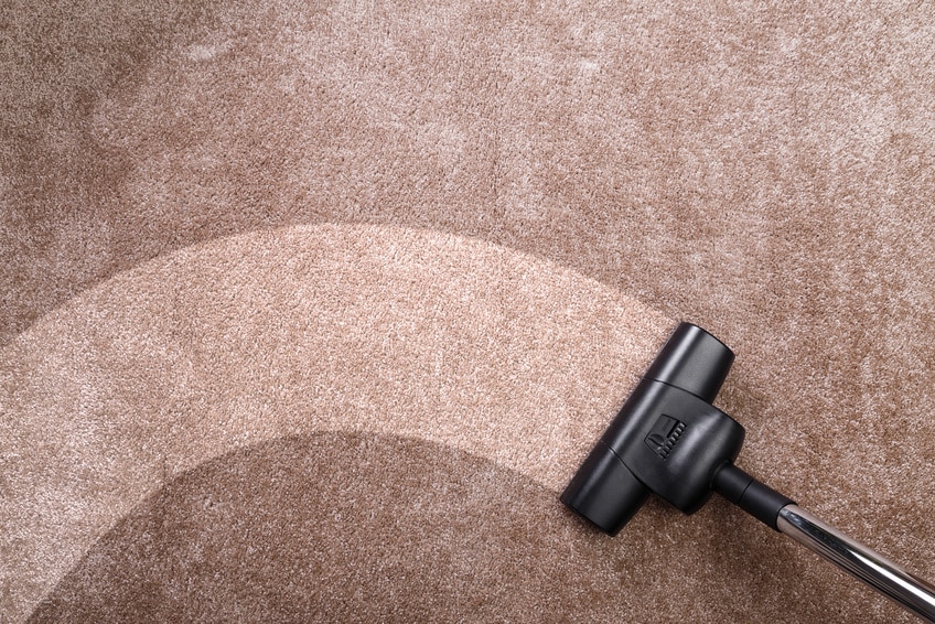 Vacuuming carpet with vacuum cleaner. Housework.
